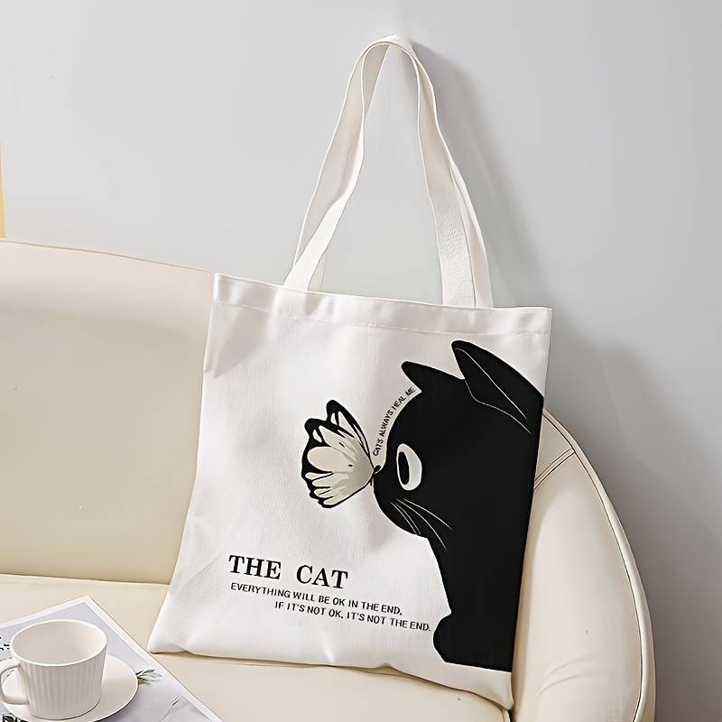 검은고양이 & 나비 에코백 40cm X 33cm 캔버스 쇼핑백 양면 인쇄 TMEB01